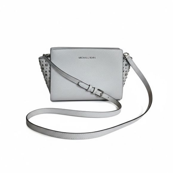 Michael Kors Silver Studded Saffiano Leather Crossbody | Chic & Edgy Glam - Picture 7 of 15